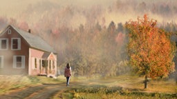 Illustration: Eine Spaziergängerin läuft über einen Feldweg, neben ihr ein einsames Haus und ein herbstlicher Baum.