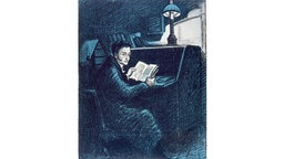 Das Beitragsbild des WDR3 "E T A Hoffmann & So etwas höchst Wunderbares" zeigt eine Zeichnung des Komponisten E.T.A. Hoffmann an seinem Schreibtisch sitzend.