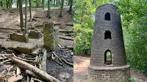 Mitten im Wald stehen Ruinen des Märchenwalds "Drießens Busch" in Dingden und der ehemalige Mühlenturm.