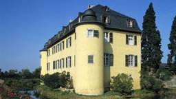 Die Wasserburg vor blauem Himmel