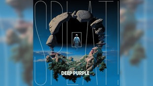 Das fantasievolle Cover des Albums "SPLAT!" von Deep Purple zeigt einen gezeichneten blauen Himmel mit einer felsigen Landschaft und einer Art Steinbogen in der Mitte, durch den ein Mensch schreitet