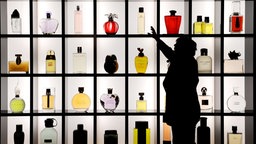 Eine Frau steht am Mittwoch (24.11.2010) vor einer Vitrine mit verschiedenen Flacons. Ausstellung "Flacons - Haute Couture der Düfte" 2010 im Osthaus Museum in Hagen