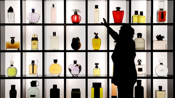 Eine Frau steht am Mittwoch (24.11.2010) vor einer Vitrine mit verschiedenen Flacons. Ausstellung "Flacons - Haute Couture der Düfte" 2010 im Osthaus Museum in Hagen