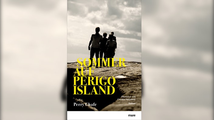 Das Buchcover "Sommer auf Perigo Island" von Perry Chafe. Der Titel hat eine gelbe Schrift. Vier Personen, augenscheinlich drei Kinder und ein Erwachsener, stehen auf einem Felsen vor grauem Wolkenhimmel. Die gesichter sind nicht zu erkennen.