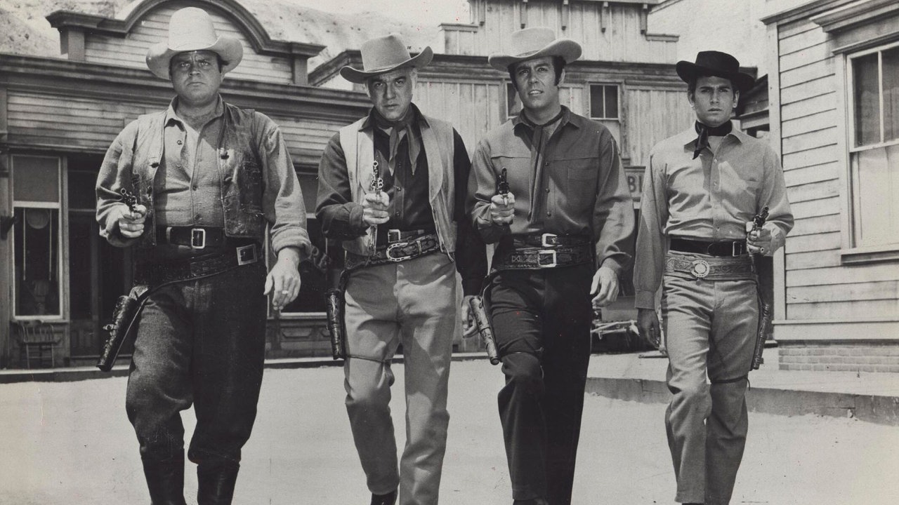 Die Schauspieler Dan Blocker, Lorne Greene, Pernell Roberts und Michael Landon in "Bonanza" (v.l.n.r)