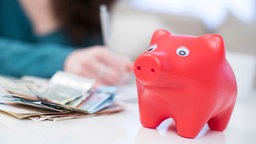 Ein Sparschwein und Geldscheine liegen auf einem Tisch vor einer Frau, die ihre Ausgaben notiert