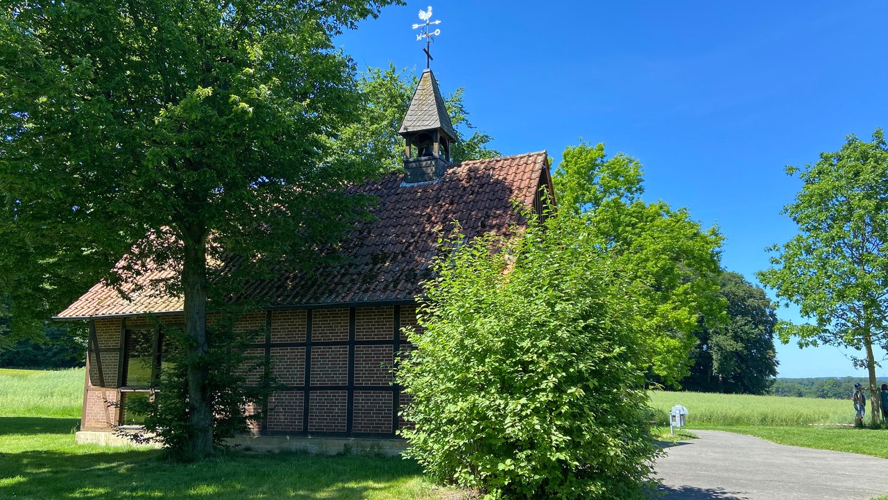 Durch die Baumberge: Alte Kapelle mit Fachwerk und Türmchen eingebettet in Wald und Wiese unter blauem Himmel
