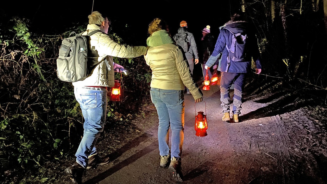 Spaziergänger auf einem Wanderweg im Dunkeln mit roten Laternen von hinten auf der Halde Rheinpreußen in Moers