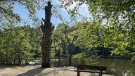 Hexenteich und Liebesweg in Menden im Sauerland: Hohe Holzskulptur am Ufer des Hexenteichs vor dichtem Baumbestand.