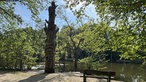 Hexenteich und Liebesweg in Menden im Sauerland: Hohe Holzskulptur am Ufer des Hexenteichs vor dichtem Baumbestand.