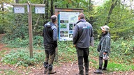 Drei Personen stehen vor einer Info-Tafeln auf einem Wanderweg im Grünen