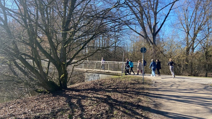 Eine Gruppe Spaziergänger von etwas weiter weg von der Seite fotografiert. Sie gehen auf eine Brücke zu. 