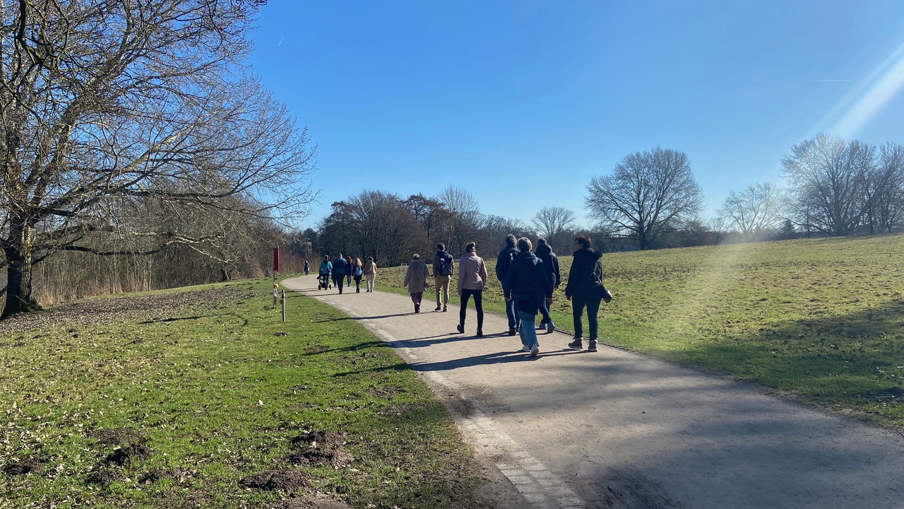 Eine Gruppe Spaziergänger von etwas weiter weg von hinten fotografiert. Rechts und lnks des Fußwegs befinden sich Rasenflächen, der Himmel ist strahlend blau. 