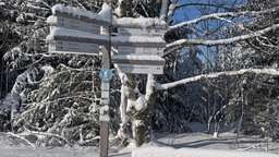 Ein Wegweiser der Winterwanderwege in der Winterlandschaft