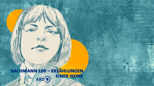 Zeichnung in türkis und gelb zeigt ein Porträt von Ingeborg Bachmann