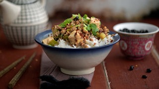 Nahaufnahme des Gerichts Chinese Mapo. 