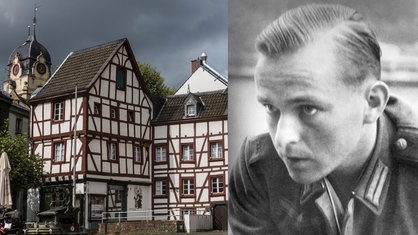 Fachwerkhäuser am Alter Markt in Euskirchen, daneben ein Schwarz-Weiß-Porträt von Willi Graf in Uniform (Collage WDR) 