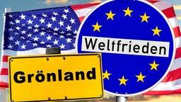 Fotomontage: Schilder zu Grönland und Weltfrieden vor den Flaggen der USA und der EU, 19.01.2026.