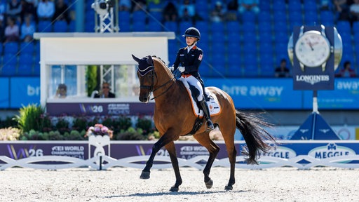 Rowena Weggelaar (Niederlande) auf Dressurpferd Don Quichot bei der Reit-WM 2026 in Aachen.