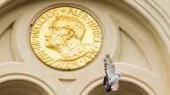 Taube fliegt an der Friedennobelpreismedaille am Eingang des Nobel-Freidenszentrums in Oslo vorbei. 