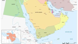 Politische Landkarte der Nahost-Region mit Rotem Meer und der Straße von Hormus (2024).