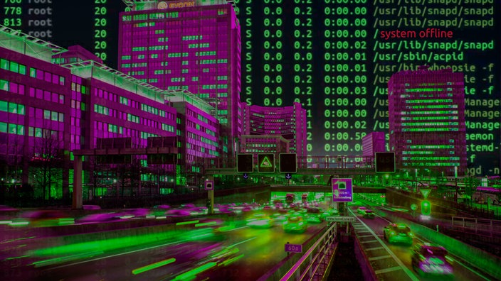 Symbolbild Cybeangriff:Computerhacker greifen die IT-Infrastruktur einer Stadt an