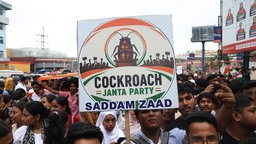 Bei einer Demonstration in Indien hält ein junger Mann ein Schild mit einer Illustration und der Aufschrift "Cockroach Janta Party" in die Höhe.