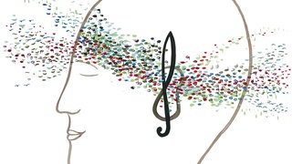 Illustration: Notenschlüssel mit kleinen bunten Noten auf einem Kopf