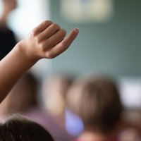 Ein Kind zeigt im Unterricht auf – Nahaufnahme der Hand und des Arms, im hintergrund vershcommen der Lehrer und die Klasse.