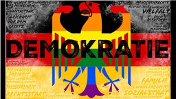 Deutschlandfahne mit Adler in Regenbogenfarben, der AUfschrift Demokratie vielen Wörtern aus dem Grundgesetz