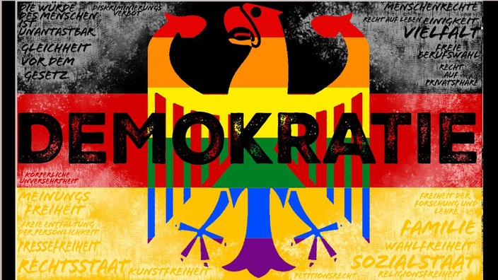 Deutschlandfahne mit Adler in Regenbogenfarben, der AUfschrift Demokratie vielen Wörtern aus dem Grundgesetz