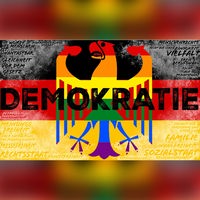Deutschlandfahne mit Adler in Regenbogenfarben, der AUfschrift Demokratie vielen Wörtern aus dem Grundgesetz