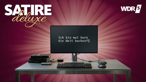 Schwarzer Computerbildschirm mit der Aufschrift: Ich bin mal kurz die Welt hacken!