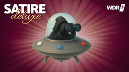 Ein UFO in dem eine mysteriöse Figur sitzt und durch ein Fernglas schaut.