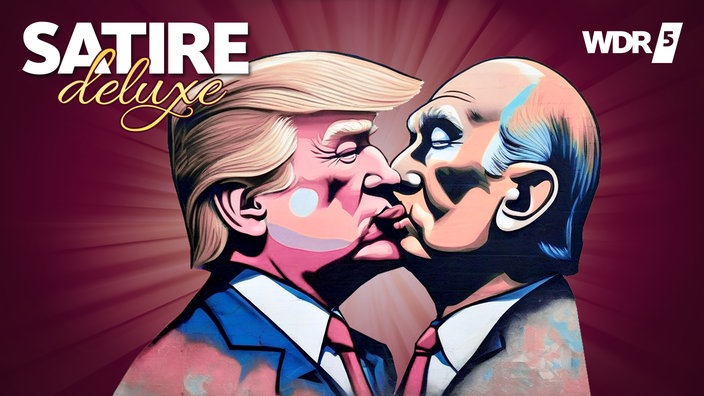 Cartoon im Graffiti-Stil: Donald Trump und Wladimir Putin küssen sich leidenschaftlich auf den Mund