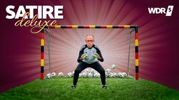 Bildmontage: Friedrich Merz als Torwart in einem Tor voller Bälle, Pfosten und Latte sind schwarz-rot-gold