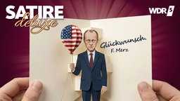 Satirische Darstellung von einer Aufklappkarte in deren Mitte Friedrich Merz einen Ballon in amerikanischen Nationalfarben hält