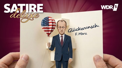 Satirische Darstellung von einer Aufklappkarte in deren Mitte Friedrich Merz einen Ballon in amerikanischen Nationalfarben hält