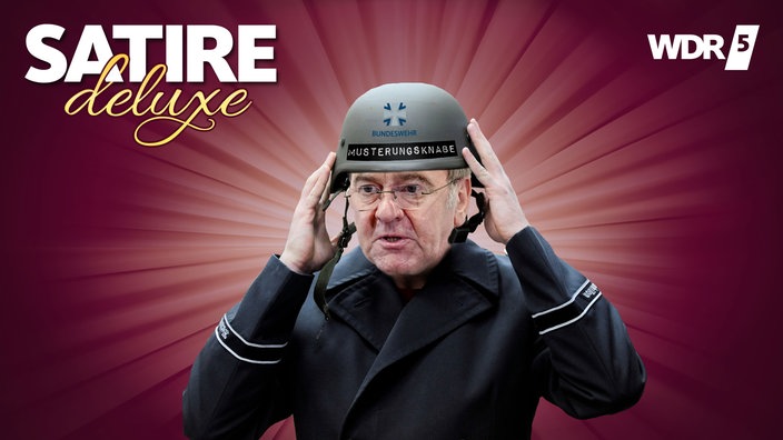 Satirische Montage von Boris Pistorius mit einem Bundeswehrhelm der die Aufschrift "Musterungsknabe" trägt.