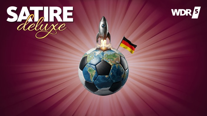 Eine Rakete startet nach oben von einer Erdkugel im Stile eines Fußballs, in der eine Deutschlandfahne steckt