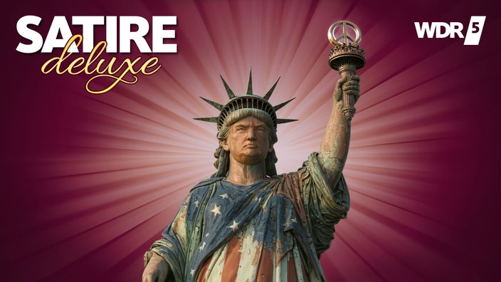 Montage der Freiheitsstatue mit einem Peace-Zeichen und dem Gesicht von Donald Trump