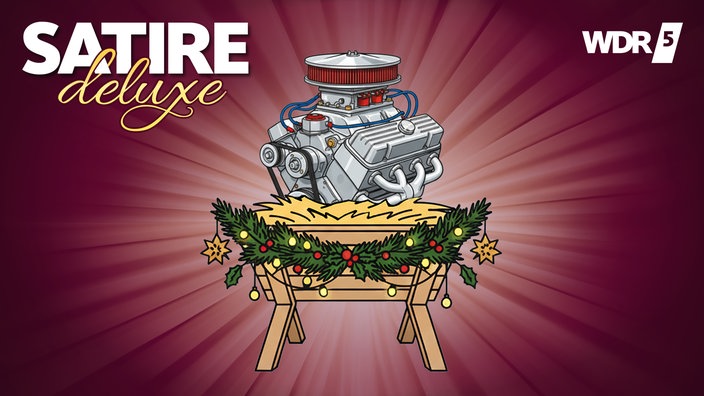 Cartoon: Ein V8 Motor liegt im Stroh einer weihnachtlich geschmückten Krippe