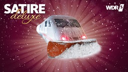 Satirische Fotomontage: Ein eingeschneiter ICE-Zug mit einem Räumfahrzeugs-Schneepflug an der Spitze