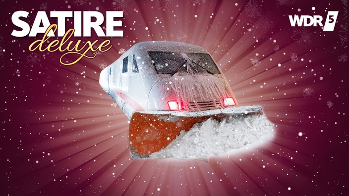 Satirische Fotomontage: Ein eingeschneiter ICE-Zug mit einem Räumfahrzeugs-Schneepflug an der Spitze