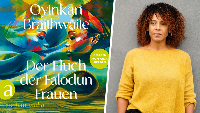 Gewinnerin Anja Herden neben dem Hörbuch-Cover