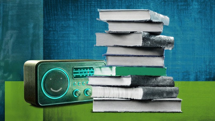 Künstlerisch anmutende Collage eines Bücherstapels und eines Tischradios, auf dessen Lautsprecher ein Smiley gemalt ist