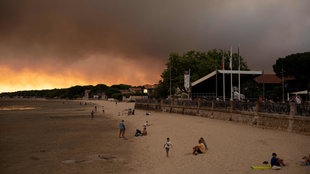 Menschen sitzen an einem Strand, im Hintergrund brennen die Wälder.