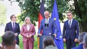 Vorstellung der Kabinettsumbildung der CDU: von links nach rechts: Philipp Amthor, Nina Warken, Bundeskanzler Friedrich Merz und Carsten Linnemann.