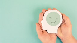 Zwei Hände halten die Silhouette eines Kopfes, aus Papier ausgeschnitten, mit einem freundlichen Smiley anstelle des Gehirns darauf gemalt, vor grünem Hintergrund.