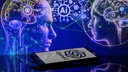 Im Vordergrund liegt ein Smartphone mit dem OpenAI-Logo, im Hintergrund futuristische Illustrationen.